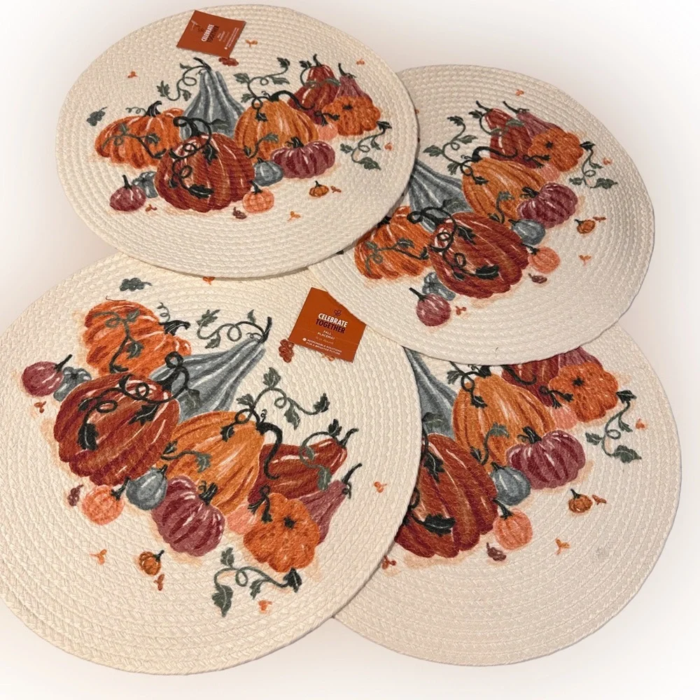 NEW Set 4‎ Pumpkin Harvest Printed Braid Round Placemats